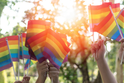People holding up rainbow flags