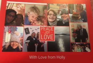 The author's holiday card, featuring photos of friends, family, and travel on a red background