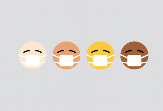 Four emoji faces in different skin tones wearing medical masks