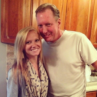 Maggie jones today, a blonde 23 year old white woman, smiling with her dad, a white man with grey hair