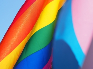 A close up of the rainbow Pride flag and the blue-pink-white trans pride flag